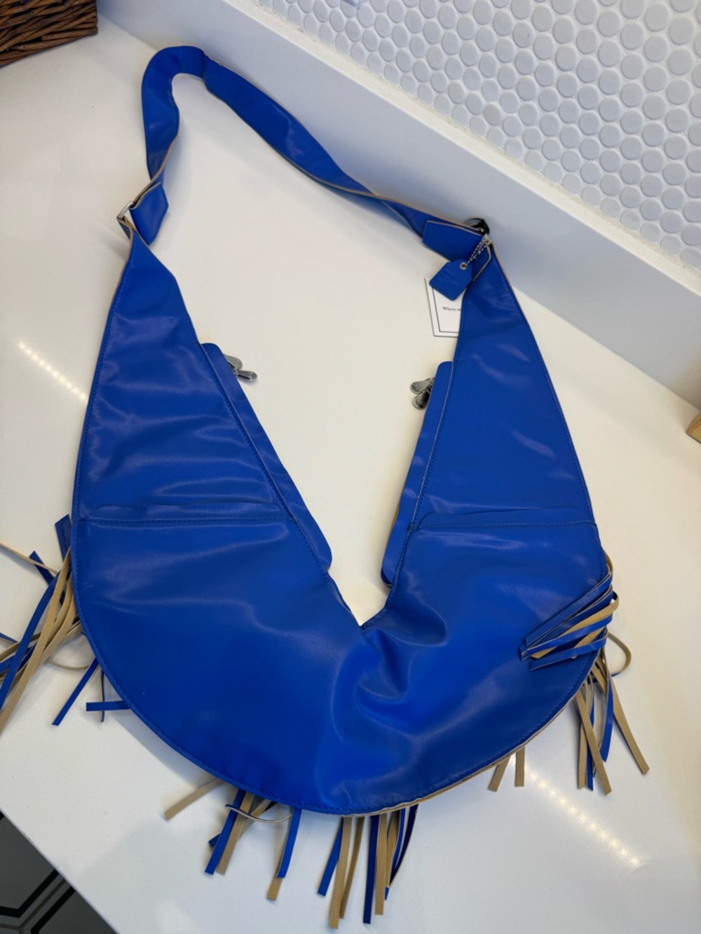 Sash Bag Fringe Vibrant Blue Faux Leather Crossbody Purse - Picture 4 of 6